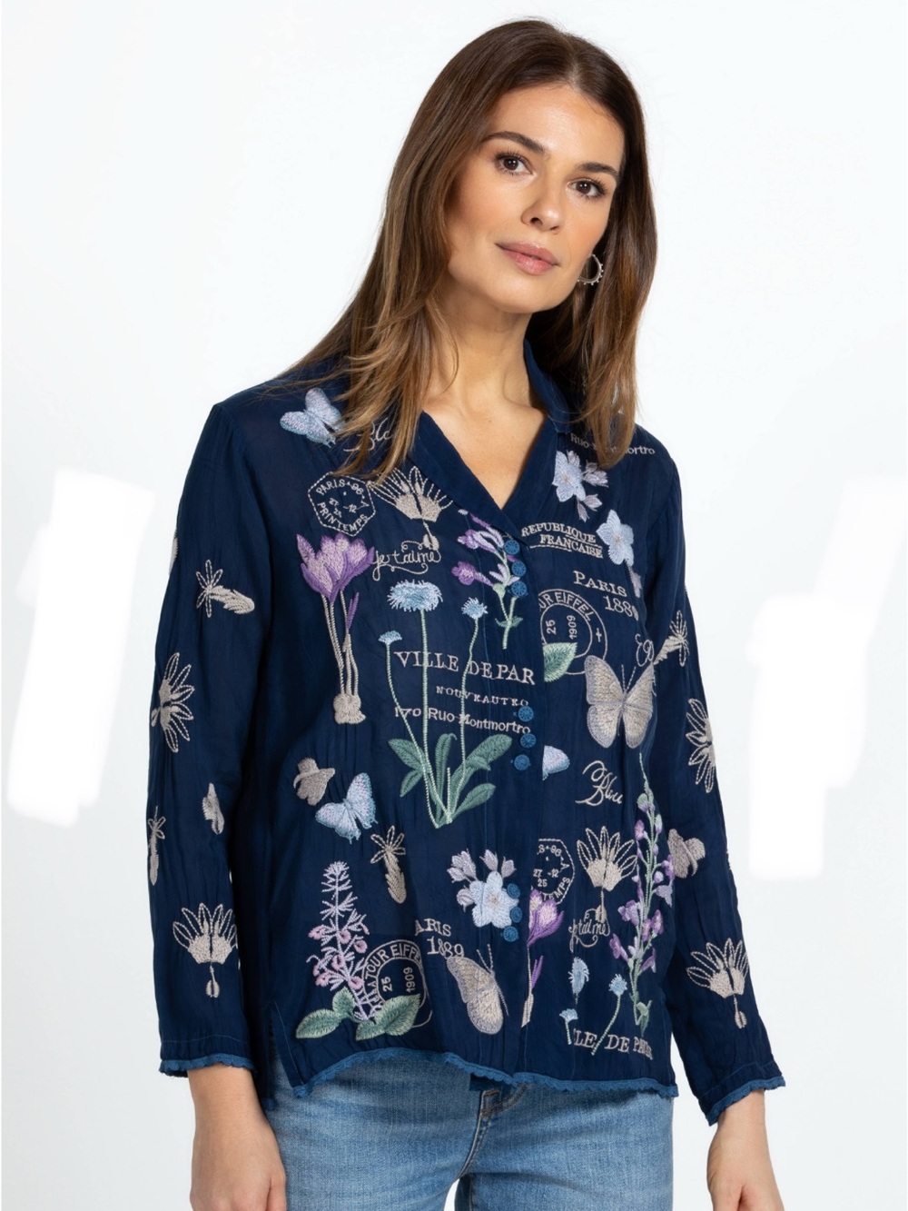 Johnny Was navy blue rayon Mariposa blouse